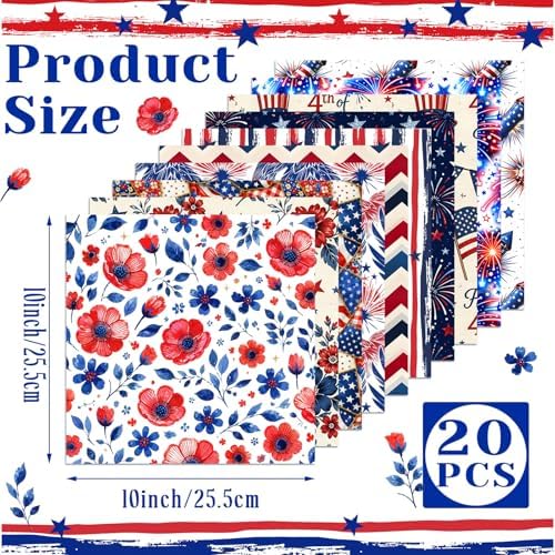 HunnmingRe 20 Pcs 10''x10'' Patriotic Red White Blue Quilting Fabric Square