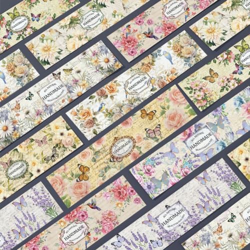 PH PandaHall 90pcs Vintage Plant Wrapper Tape, 9 Styles Flower Soap Packaging Paper Vertical Soap Paper Tag Soap Sleeves Covers for Handmade Soap Lotion Bars Bath Gift Wrapping, 21x5cm/8.2x1.9inch