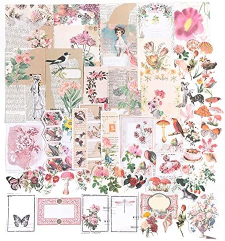 Alideco 200pcs Vintage Scrapbook Supplies Kit Kawaii Mushrooms, Flowers Scrapbooking Paper Washi Bullet Journals Planners Collage Album Aesthetic Cottagecore