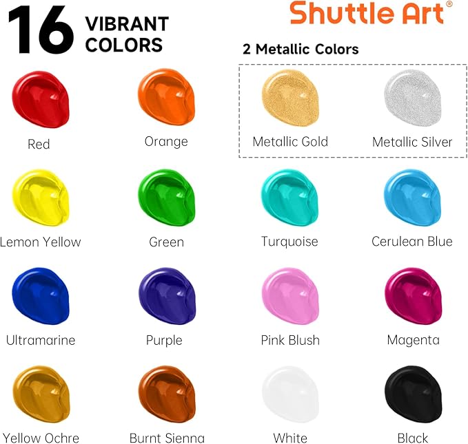 Shuttle Art Outdoor Acrylic Paint Set, 16 Colors Waterproof Paint, 8.45oz Large Bottles, Rich Pigmented Bulk Painting Supplies for Artists, Beginners on Rocks, Wood, Wall, Crafts, Garden Statues