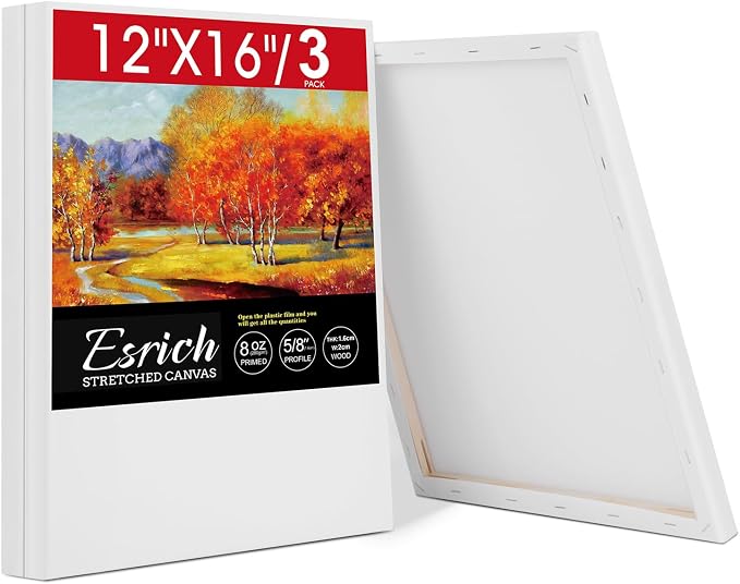 ESRICH Stretched Canvas for Painting 12x16 Inch, 3 Pack Blank Canvas -5/8 in Profile Primed Cotton White Canvases for Painting for Oil & Acrylic Paint