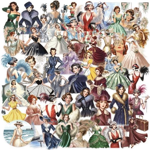 50pcs Retro Girl Stickers for Laptop Water Bottles, Transparent PET Waterproof Adhesive Faddish Decals Modern Woman Sticker for Teens Adult Birthday Party Scrapbook Phone (Retro-1)