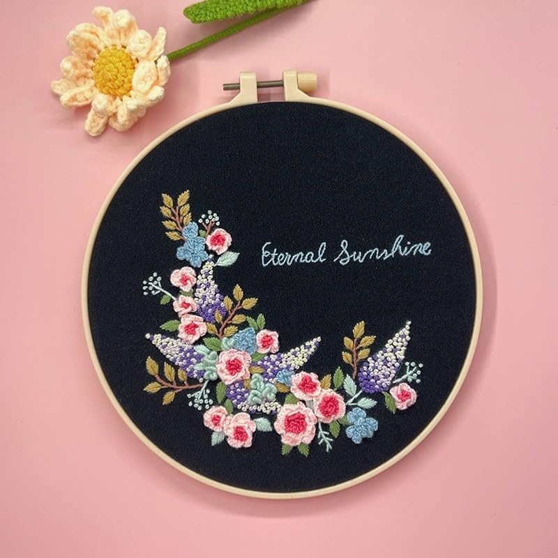 CornerLife 4 Pack Embroidery Kit for Beginners Adults, Hand Embroidery Kits with Pre-Stamped Floral Patterns and Instructions, Adjustable Hoop, Needlepoint Starter Kit DIY Art Crafts Gift (Flower B)
