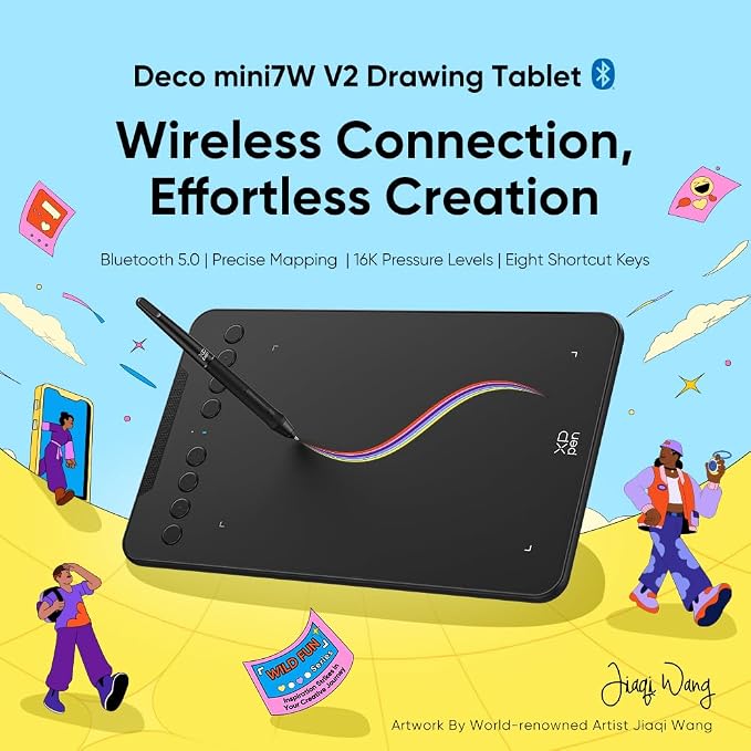 XPPen Deco mini7W V2 Wireless Drawing Tablet, 16384 Levels Pressure Digital Drawing Pad for PC, 7x4.37 Inch Art Tablet with 8 Shortcut Keys, Bluetooth 5.0, Support Windows/macOS/Android/ChromeOS/Linux