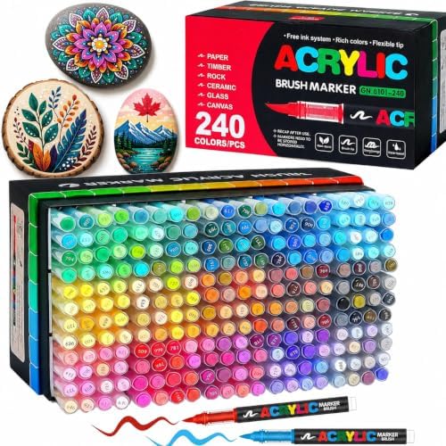240 Colors Soft Brush Tip Acrylic Markers Set, Paint Pens for Rock, Wood, Fabric, Canvas, Glass, DIY Crafts, Waterproof Paint Markers, Vibrant Acrylic Pens for Artists and Art Projects