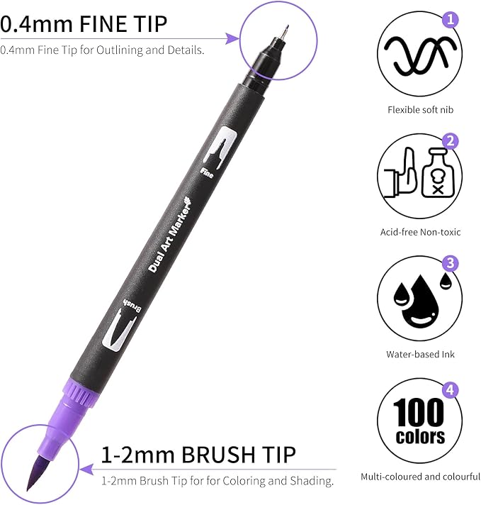 100 Colors Dual Tip Watercolor Markers Pens for School Supplies-Brush&Fine | Coloring Markers No Bleeding for Adult Coloring Books Calligraphy Card Making Sketching Journaling Note Taking Planner Travel