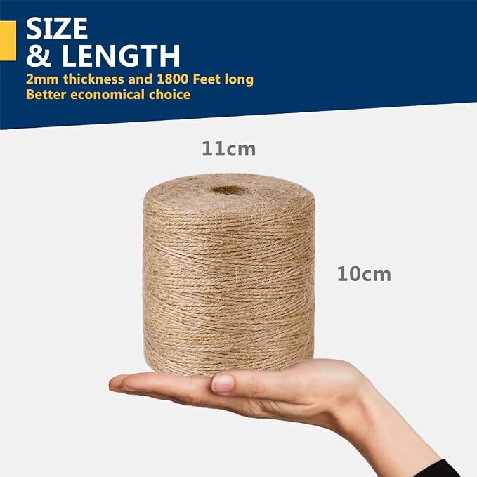 PerkHomy Natural Jute Twine 1800 Feet Long Twine String for Crafts Gift Wrapping Packing Gardening Crochet Knitting Macrame Decor (1800 FT * 2mm (3Ply))