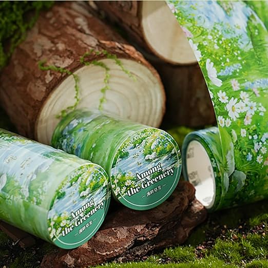 4 Rolls Grassland Lawn PET Tape Stickers for Journaling Scrapbook Washitape Flower Grass Pebble Path PET Washi Tape Set Green Plants Landscape Decorative Washi Tapes Scrapbooking Journal Supplies