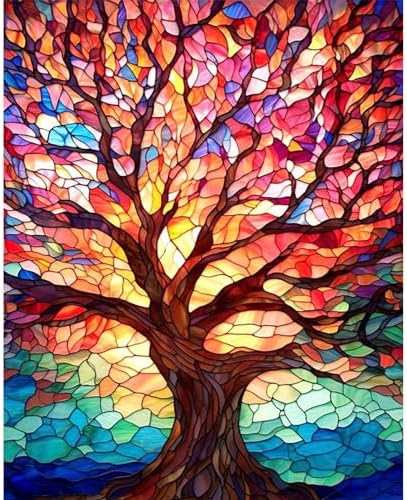 Tree Paint by Numbers for Adults - Stained Glass Paint by Number on Canvas