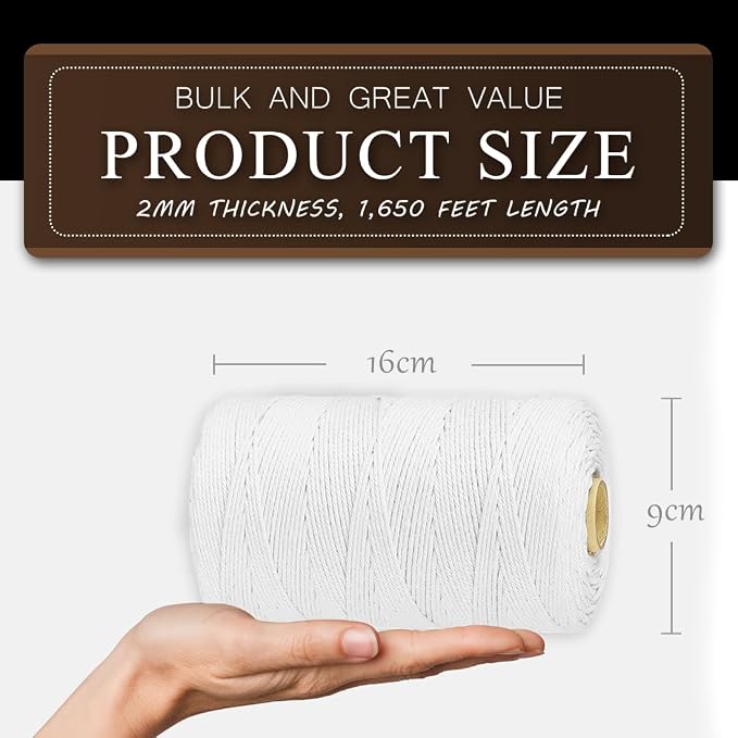 SMART&CASUAL 1,650 Feet 2mm Cotton Butcher Twine String Soft Food Safe for Cooking Craft Baker Kitchen Meat Turkey Sausage Roasting Gift Wrapping Gardening Crocheting Knitting