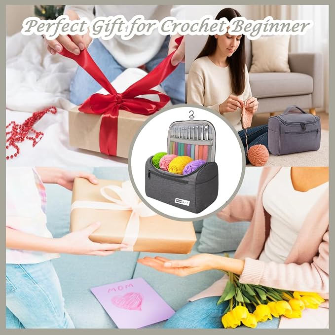 Yarniss Crochet Kit for Beginners,All Inclusive Crochet Set for Adults,Grey | 840 Yards Crochet Yarn and 12 Sizes (2.0-8.0mm) Ergonomic Hooks with Organizer Bag,Learn to Crochet with Step by Step Video T
