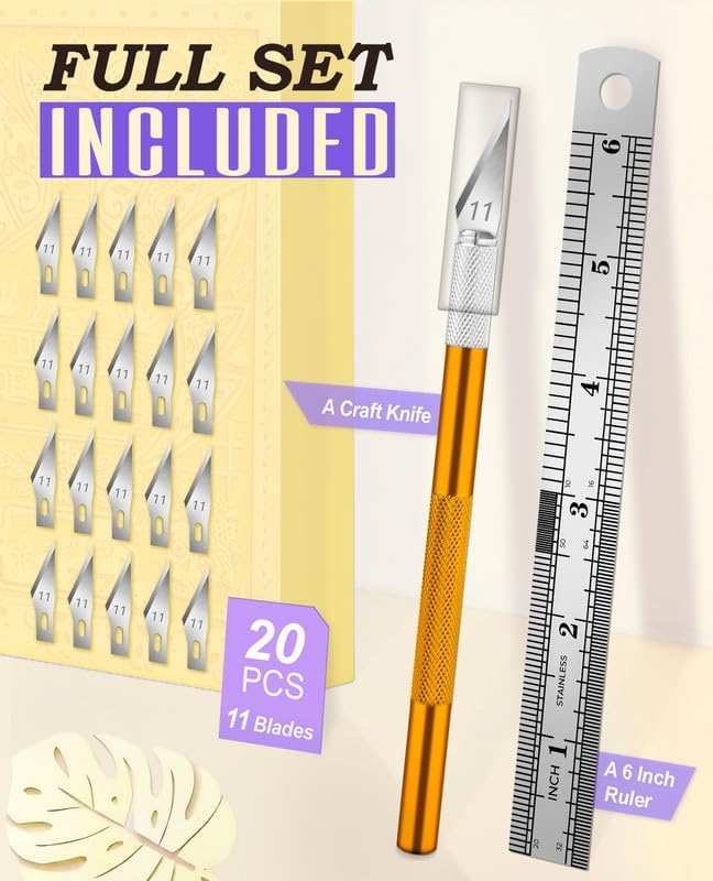 DIYSELF Hobby Knife Kit with 20#11 Blades, Aluminum Handle, 6-Inch Ruler | Hobby Knife Set with 20 #11 Blades, Ruler for DIY, Art & Model Making, Exacto Knife Kit for Crafters & Hobbyists, Gold