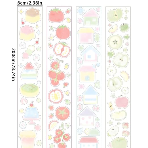 4 Rolls Washi Tape Set,Cute Washi Tape Stickers with Die Cutting,Cartoon Fruit PET Washi Tape,Self-Adhesive Waterproof PET Tape,DIY Crafts Decorative Tape for Journaling Scrapbooking Supplies