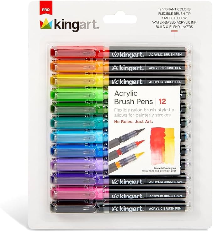 KINGART Acrylic Paint Markers Brush Tip, 12 Vibrant Colors. Water-based, no-bleed, waterproof pens with automatic ink control for rock, egg, wood, fabric, glass & DIY crafts