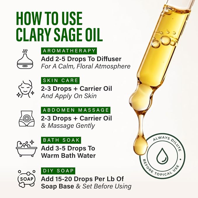 Kukka 100% Pure Clary Sage Essential Oil for Skin, Diffuser, 1.02 Fl Oz | Clary Sage Oil for Hair, Massages, Body Care & Wellness, Soothing Aroma for Scalp Care & Relaxation