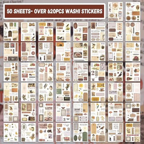 622PCS Vintage Washi Sticker Book Scrapbooking Stickers | 50 Pre-cut Sheets – Journaling Stickers & Ephemera for Junk Journals. Residue-free removal, even after long-term use.