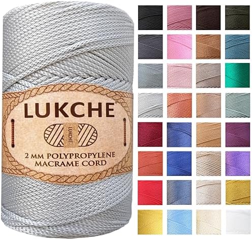 Polyester Macrame Cord 2mm x 251 Yards, 100% Polypropylene Premium Macrame Rope, Colorful Yarn Crochet Macrame Bag Craft for Wall Hangers, Bags, Bottom Plates, Carpets (Light Grey) 1, 2MM-MCRM