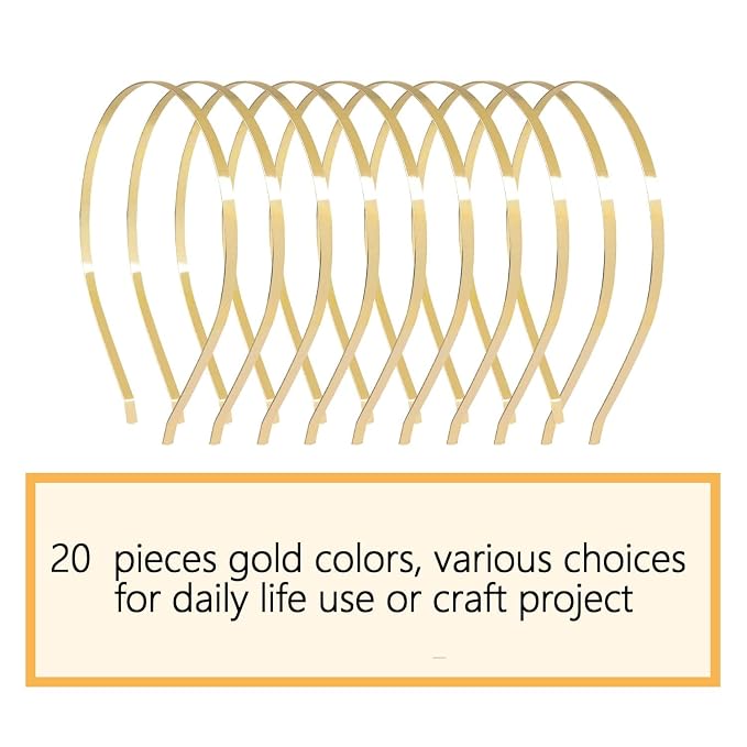 Lawie 20 Pack Bulk 5 MM Wide Thin Silver Gold Black Plain Blank Hard Metal Headbands Base Hair Bands Clasps Tiara DIY Craft Accessories for Women (Gold)