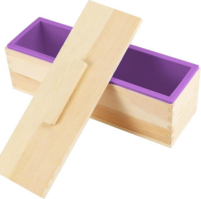 3PCS 47oz Silicone Soap Kit, Purple Rectangular Silicone Loaf Soap Making with 3 Wooden Boxes and 3 Lids, DIY Supplies for Soap Making