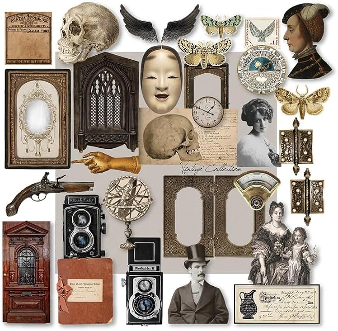 CATaireen Vintage Junk Journal Items Kit Pre Cut Paper Cards Cutout Cardstock Art Aesthetic Decor Hollow Out Craft Elements Small Embellishments Supplies for Adults Scrapbook Pack (Characters)