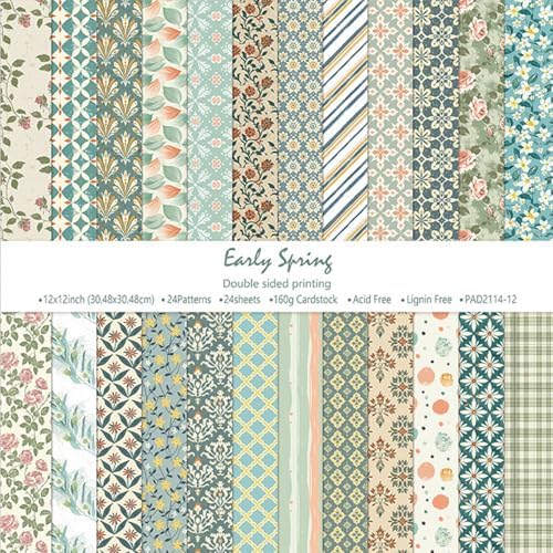 12in Spring Scrapbook Paper Pad,24 Sheets Retro Pattern Aesthetics Double Sided Print Floral DIY Crafts Collage for Cardstock Photo Album Journals Folded Gift Wrapping Material