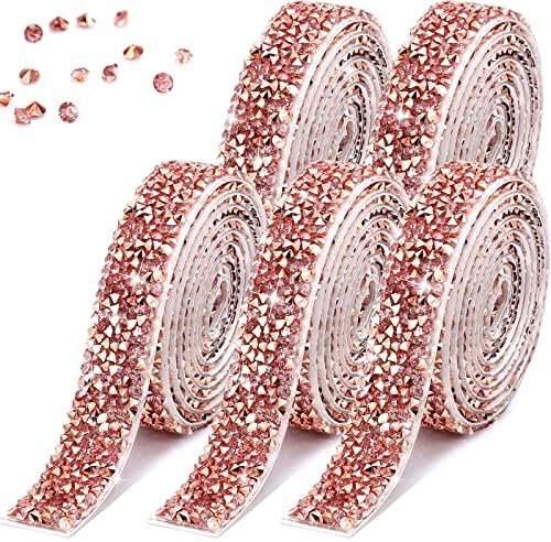 Xinnun 5 Rolls Rhinestone Ribbon Self-Adhesive Crystal Shiny Rhinestone Strips Bling Resin Diamond Ribbon for Graduation Party Decor, DIY Prom Dress,Craft(Pink, Rose Gold,0.59 Inch,Basic Style)