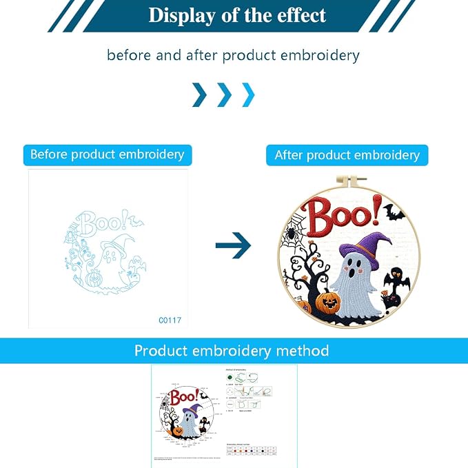 Zhenqing Halloween Ghost Embroidery Kit for Beginners, Cute Boo Needlework Kit with Pre-Printed Cotton Fabric, 20cm Hoop, Threads & Tools, Spooky DIY Wall Decor (C0117)