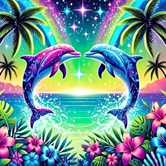 OJTOYART Dolphins Diamond Painting Kits for Adults,Cute Tropical Animals 5D Diamond Painting Kits for Beginners,DIY Round Full Drill Diamond Gem Art Crafts Paintings,Home Wall Decor 13.79X13.79Inch