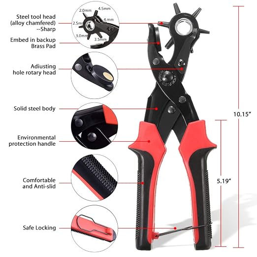 Leather Hole Punch Tool for Belt - Multi Hole Sizes Puncher for Belts, Watch Bands, Straps, Dog Collars, Saddles, Shoes, Fabric, DIY Home or Craft Projects - with 5/32" Grommet Eyelet Kit 100 Sets