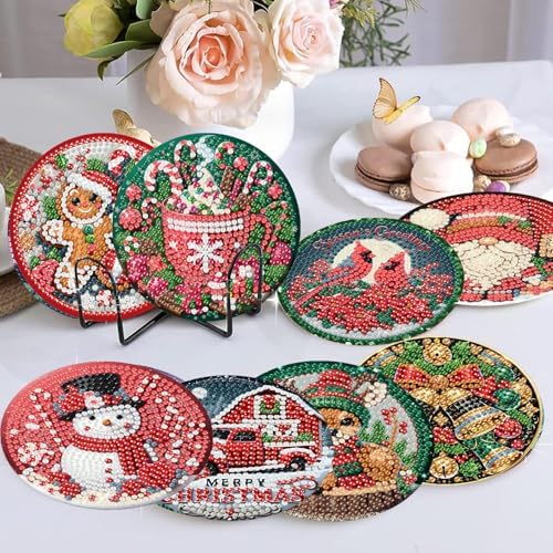 8 Pcs Christmas Diamond Art Painting Coasters Kits,Winter Snowman Coaster with Holder for Adults, Non-Slip DIY Dot Paint Craft Kits,5D Full Drill DIY Diamond Dot Gem Art Kit Home Decor Arts Craft