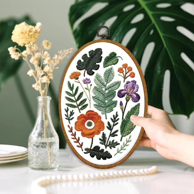 ORIGACH 6 Pack Plants Leaves & Flower Embroidery Kits for Beginners, DIY Starter Hand Embroidery Kit with Floral and Leaf Patterns and Instructions for Adults Women Crafting