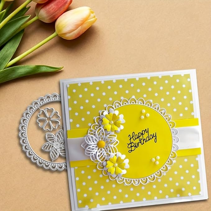 Lapoo Flowers Cutting Die for Scrapbooking - Durable Metal Cutting Die for DIY Scrapbook Photo Album Decorative Paper Card, Metal Card Making Supplies (Flowers and Round Border 3.9 x 3.9 in)