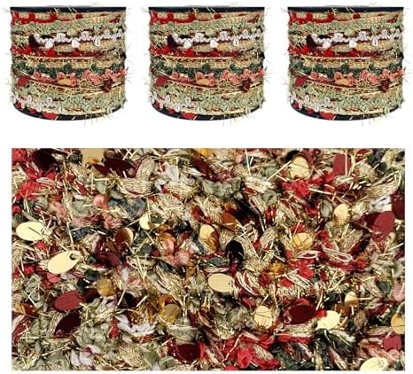 Artisanal Yarn Collection Multifiber Fancy Yarn with Sequins & Shimmering Threads for Knitting Crocheting Crafts DIY, Set of 3 Rolls (Christmas Red & Gold)