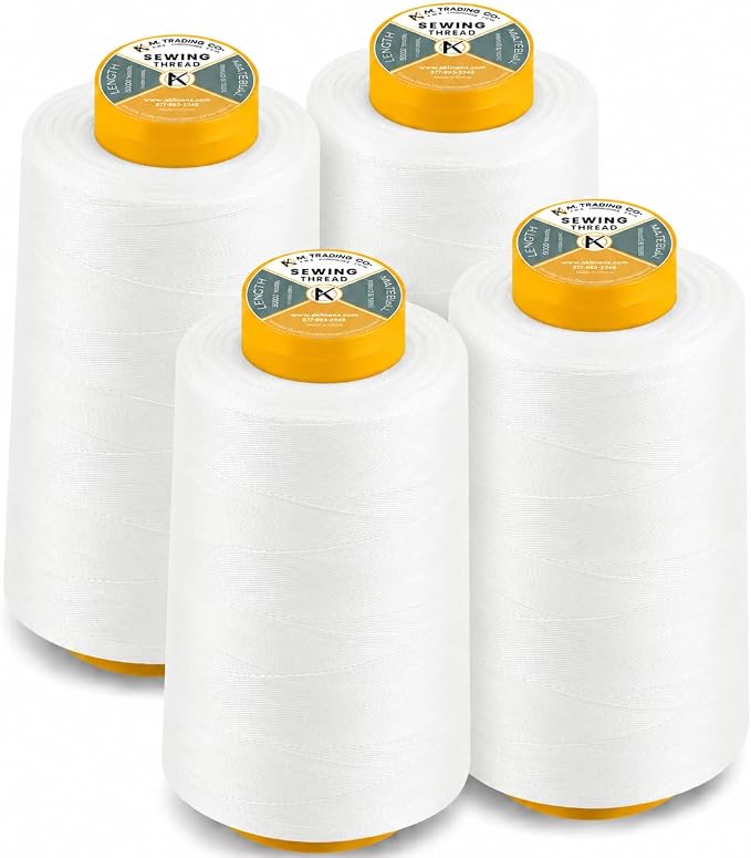 AK Trading 4-Pack White All Purpose Sewing Thread Cones (6000 Yards Each) of High Tensile Polyester Thread Spools for Sewing, Quilting, Serger Machines, Overlock, Merrow & Hand Embroidery