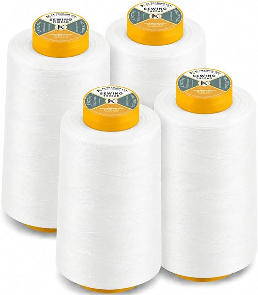 AK Trading 4-Pack White All Purpose Sewing Thread Cones (6000 Yards Each) of High Tensile Polyester Thread Spools for Sewing, Quilting, Serger Machines, Overlock, Merrow & Hand Embroidery