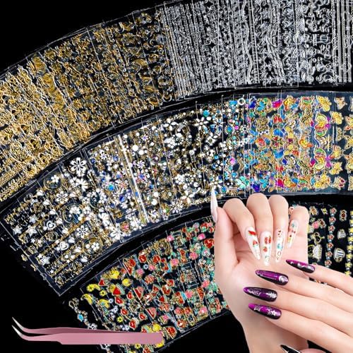 Teenitor 50 Sheets Nail Stickers for Kids, Cute Nail Decals for Girls Women, 3D Self Adhesive Gold Nail Stickers for Nail Art, Star Fruit Butterfly Silver Nail Art Deals for Holiday