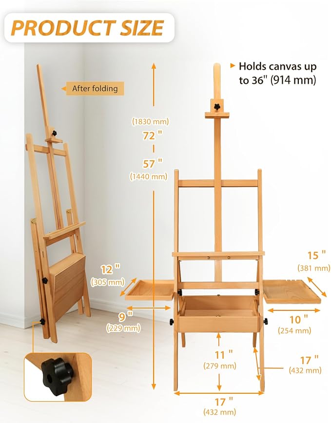 Painting Art Easel with Storage, 57"-72" Height Adjustable Easel Stand | Foldable beech wood easel with drawer trays,H-frame artist easel stand for painting,Wooden floor easel holds canvas up to 36"