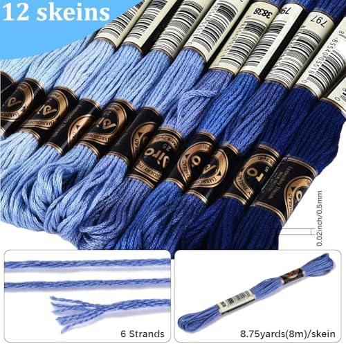 105 Yards 12 Skeins Gradient 6 Strands Marine Blue Cross Stitch Thread Polyester Variegated Embroidery Floss Friendship Bracelet String Assorted Bulk for Hand Sewing Making Knitting Supply