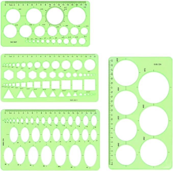 4 Pcs Drawing Template Drafting Stencil Ruler Circle and Oval Templates Plastic Drawing Measuring Rulers Geometric Drawings Stencils for Office and School Building Formwork Drafting Tool (Green)