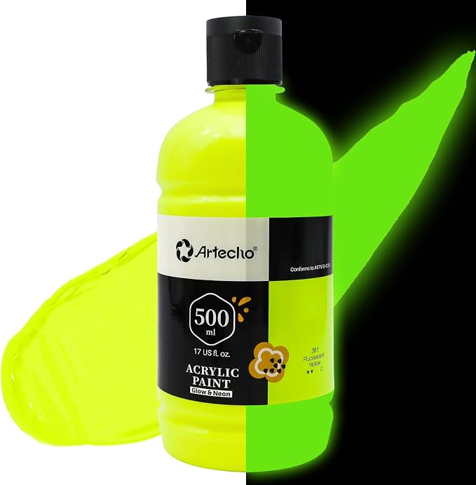 Artecho Yellow Glow in the Dark Acrylic Paint 500ml / 17oz Large Bottle