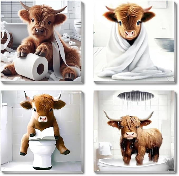 Canrichshop 4 Framed Highland Cow DIY Paint by Numbers Kit for Adults Beginner,Naughty Cow Easy Paint by Number on Canvas with Frame,Acrylic Painting Kit Adult for Decor 8x8inch
