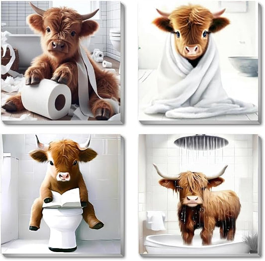 Canrichshop 4 Framed Highland Cow DIY Paint by Numbers Kit for Adults Beginner,Naughty Cow Easy Paint by Number on Canvas with Frame,Acrylic Painting Kit Adult for Decor 8x8inch