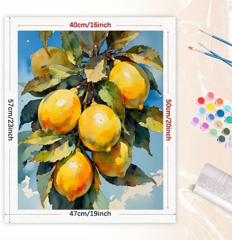 Citrus Art Paint by Numbers Kit for Adults - DIY Vibrant Yellow Lemons Hanging from a leafy branch Painting on Canvas 16x20 Inches, Suitable for Beginners, Fruit Art for Home Decoration or Gifts