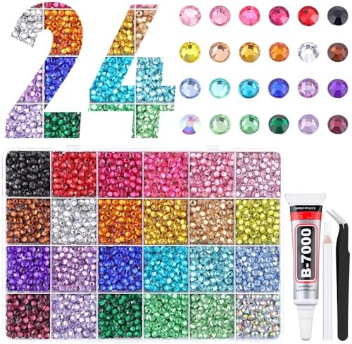 6600Pcs Resin Rhinestones for Bedazzling with Tweezers, Multicolor 5mm Rhinestones for Crafting with B7000 Jewelry Glue for DIY Crafts Clothing Tumblers Shoes Fabric Nail Art