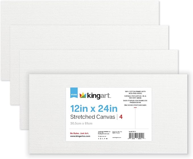 KINGART Stretched White Canvas Set – Panoramic, 12x24 Inch, 4-Pack – 100% Cotton, Triple Gesso Primed – 5/8" Profile Back-Stapled Artist Boards for Acrylic, Oil, Pouring, & Mixed Media Painting