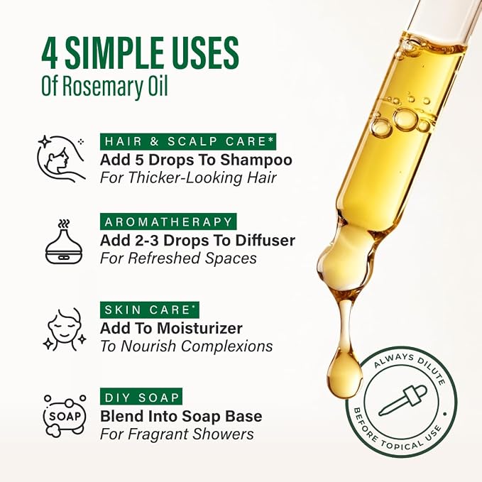 100% Pure Rosemary Essential Oil for Hair, Undiluted - 4 Fl Oz | Scalp and Skin Care, Organic, Steam Distilled Spanish, GC/MS Tested, Glass Bottle, for Diffuser, Aromatherapy, 3-6 Mo Supply