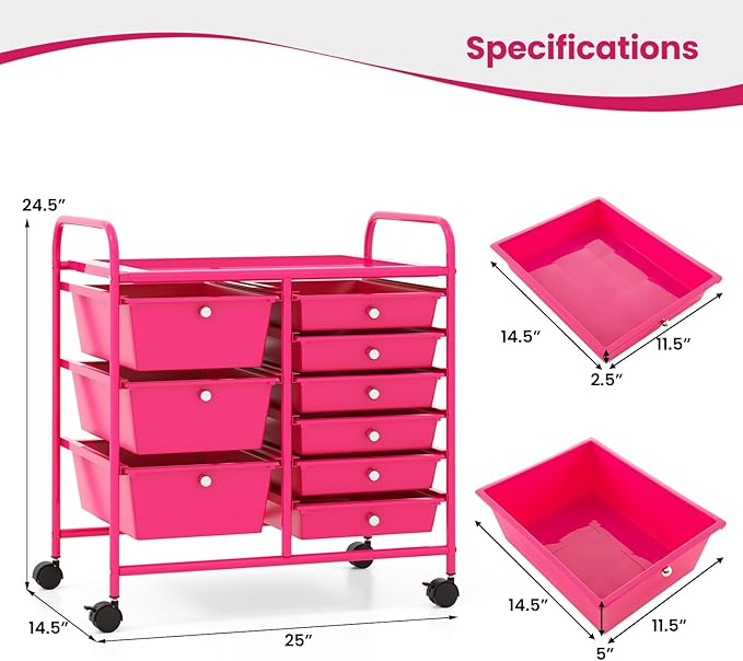 Giantex 9 Drawers Rolling Cart, Classroom Organizers, Storage Cart with Wheels, for Teacher Office Home School Supplies Tool Craft Art Paper, Hot Pink
