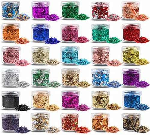 Gold Flakes for Resin - 30 Metallic Colors, Craft Foil with Tweezers for Resin Art, Nail Art, Jewelry & Candle Making