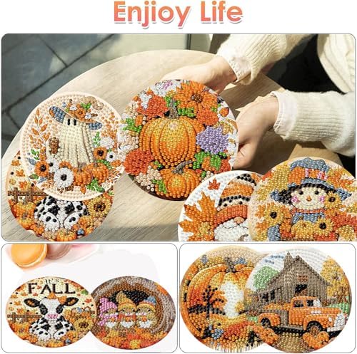 ijbnhd 8 Pcs Diamond Art Coasters Kits Autumn (Cork Wooden Pad)
