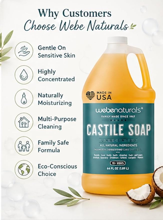 WEBE Naturals Pure Unscented Castile Soap Refill, 64 Oz | Face, Body Wash, Dishes, Pets & Laundry